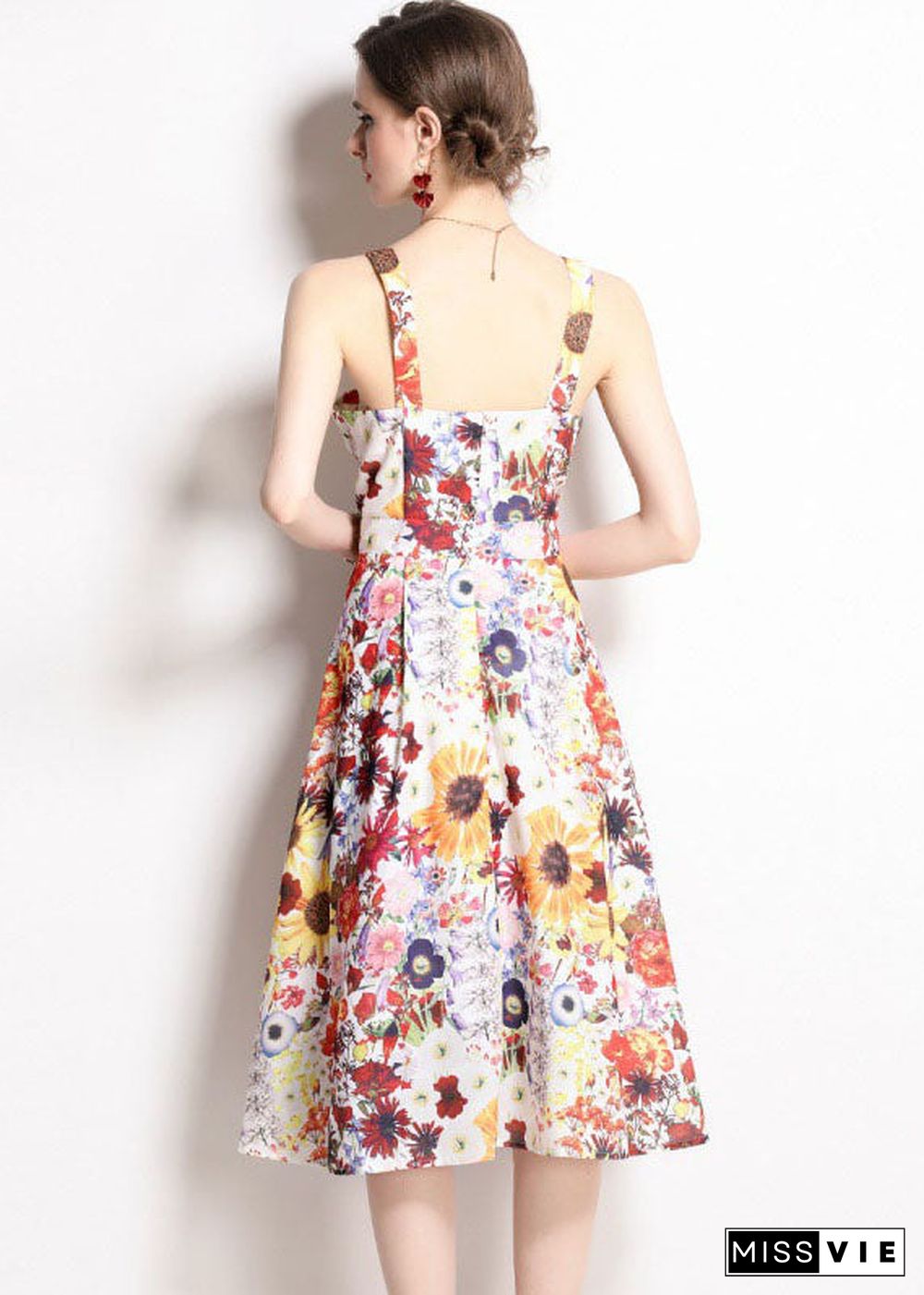 Art Floral Print Patchwork Chiffon Spaghetti Strap Dress Summer