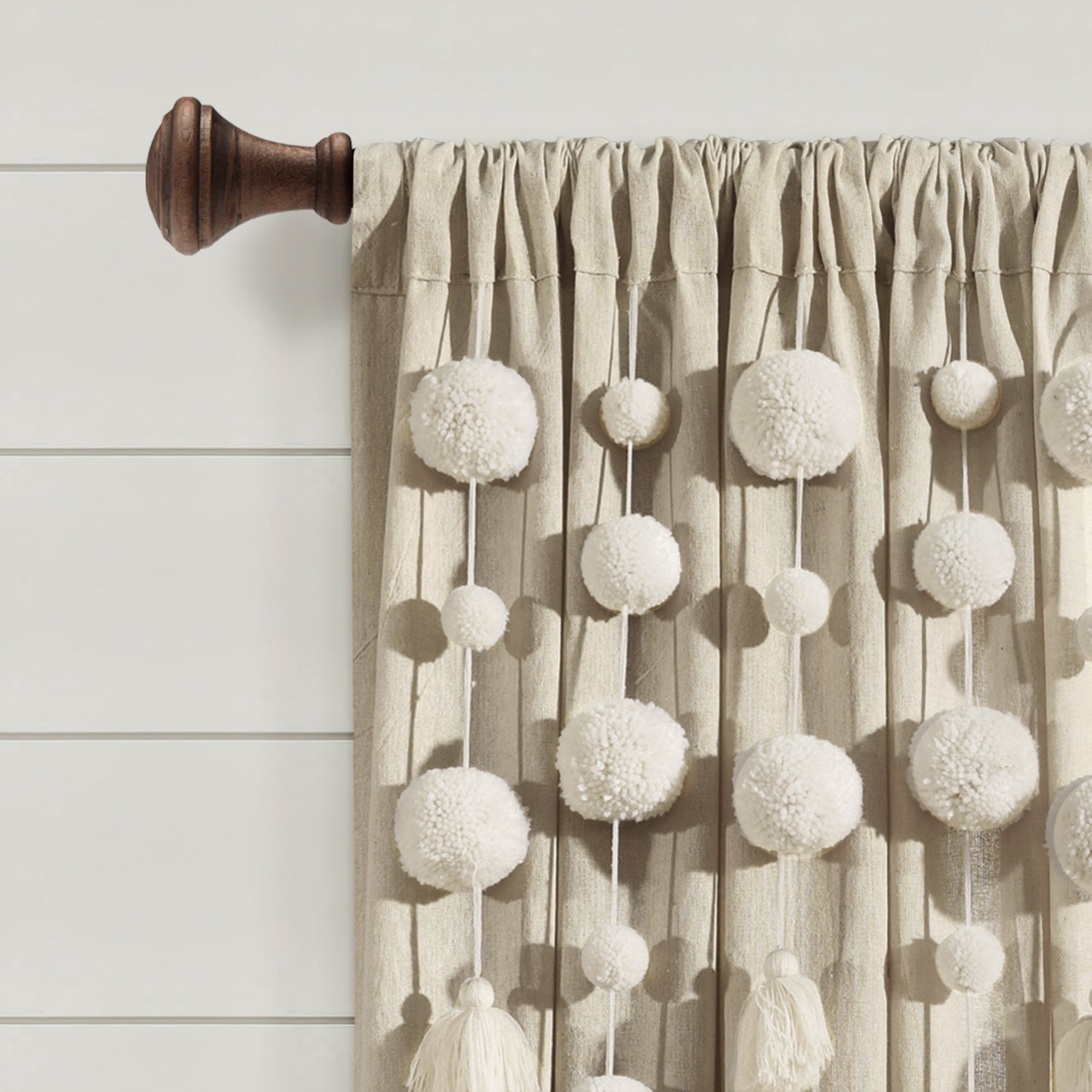 Boho Pom Pom Tassel Faux Linen Window Curtain Panel