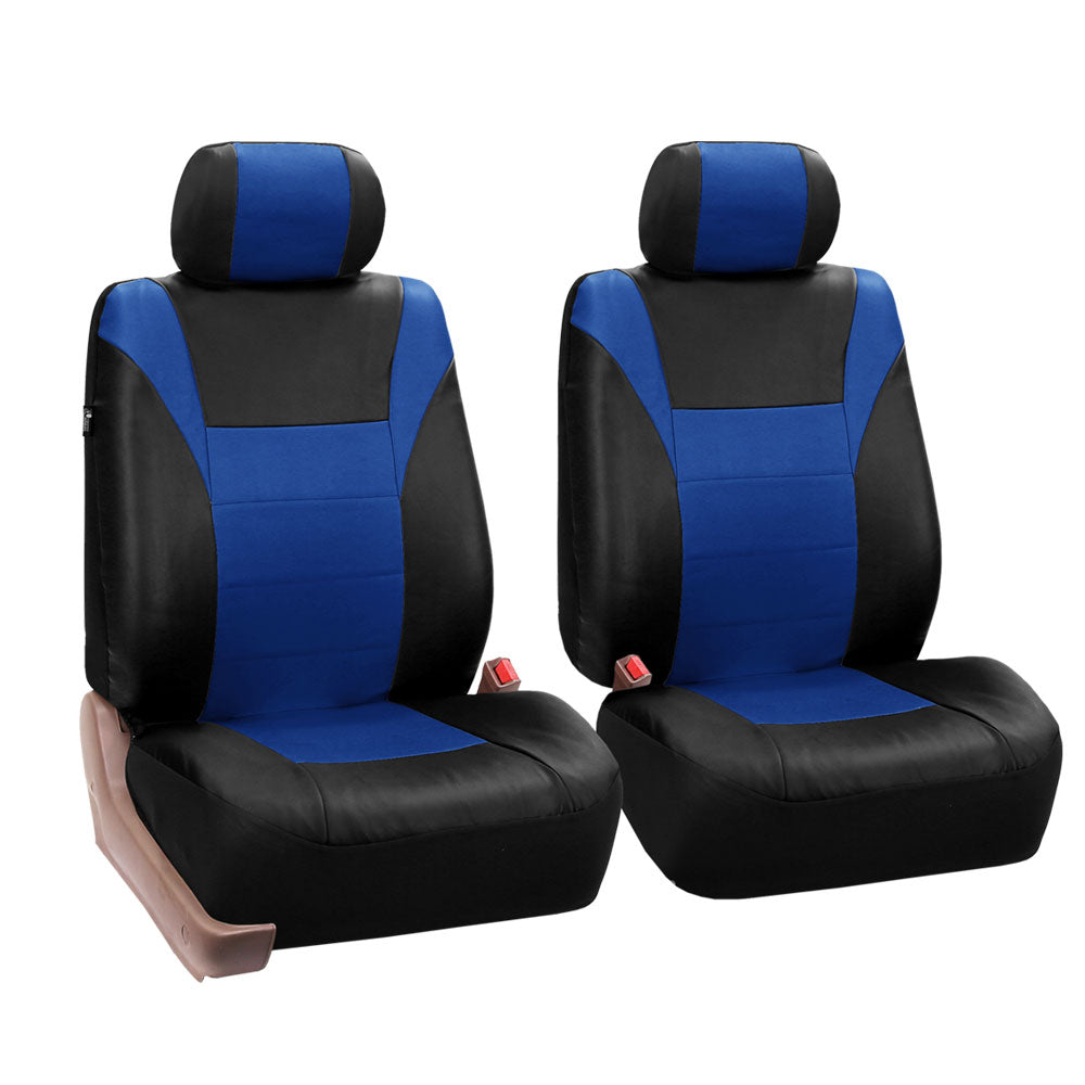 FH Group Racing Faux Leather Airbag Ready Split Bench Car Seat Covers， Full set with Carpet Floor Mats， Blue