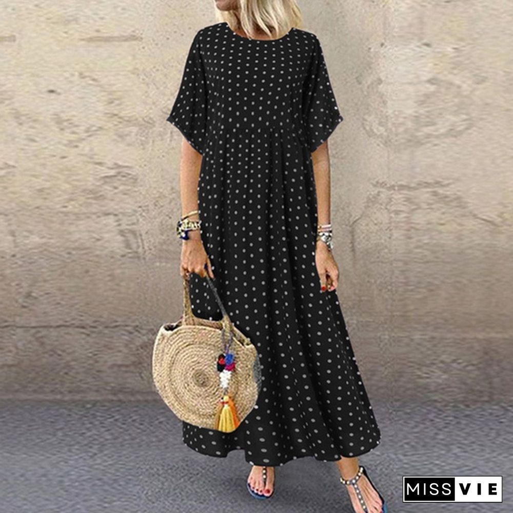 Women Summer Retro Polka Dot Printed Long Dress Casual Loose O-neck Short Sleeve Tunic Dress Maxi Dress Vestidos S-5XL