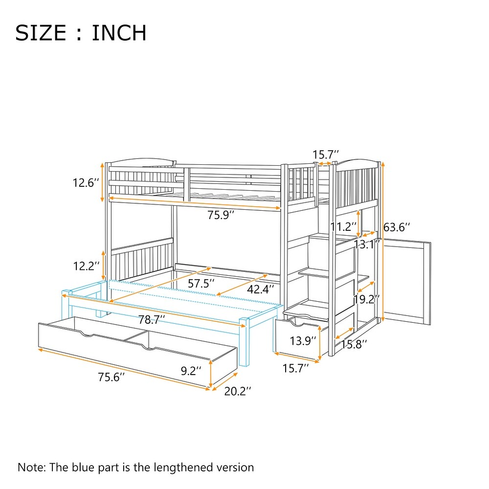 Contemporary Style Twin over Full/Twin Bunk Bed  Convertible Bottom Bed  Storage Shelves and Drawers