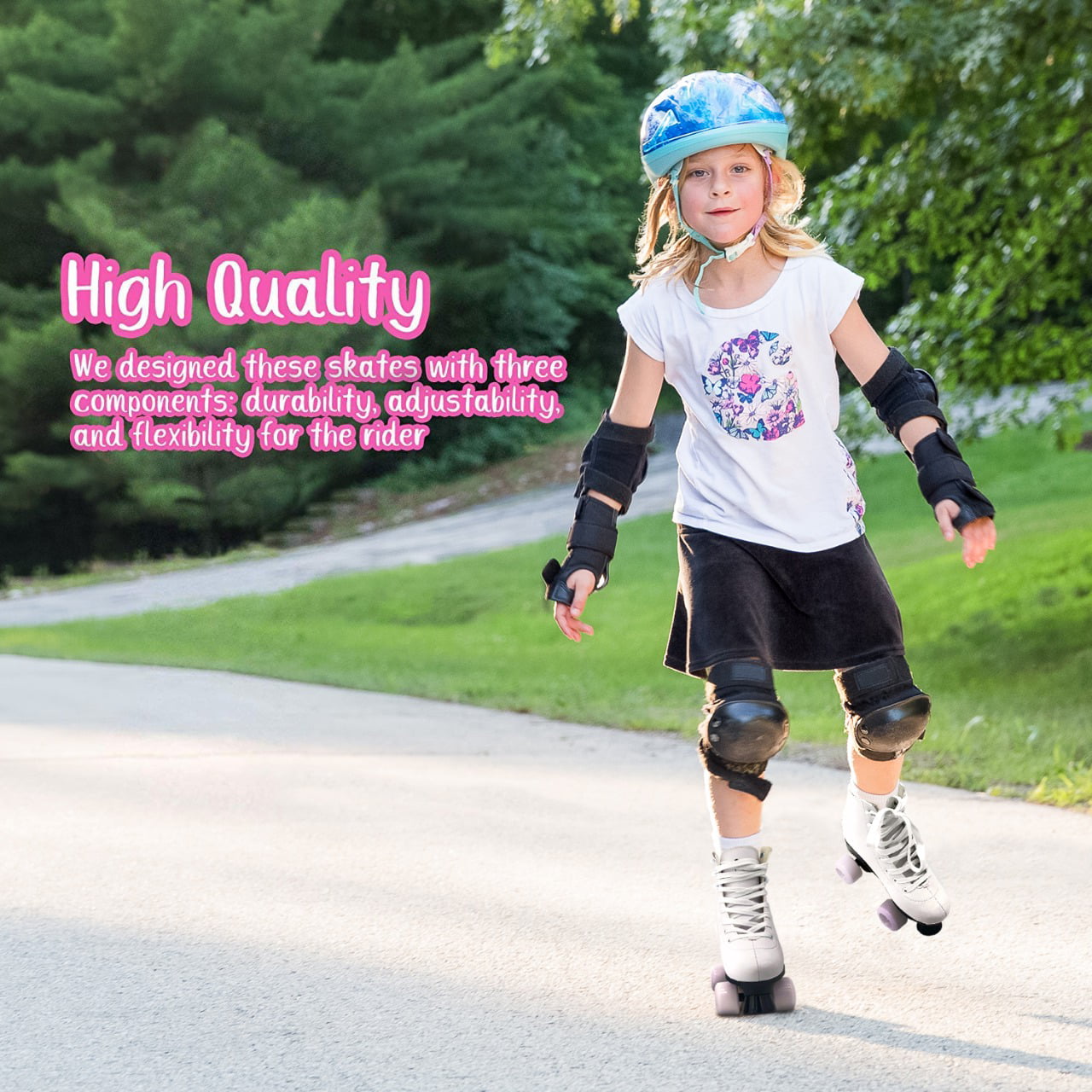 STMAX Quad Roller Skates for Girls and Women Size 7， Pink and Blue Heart Outdoor and Indoor Rink Skating Classic High-top Fashionable Design