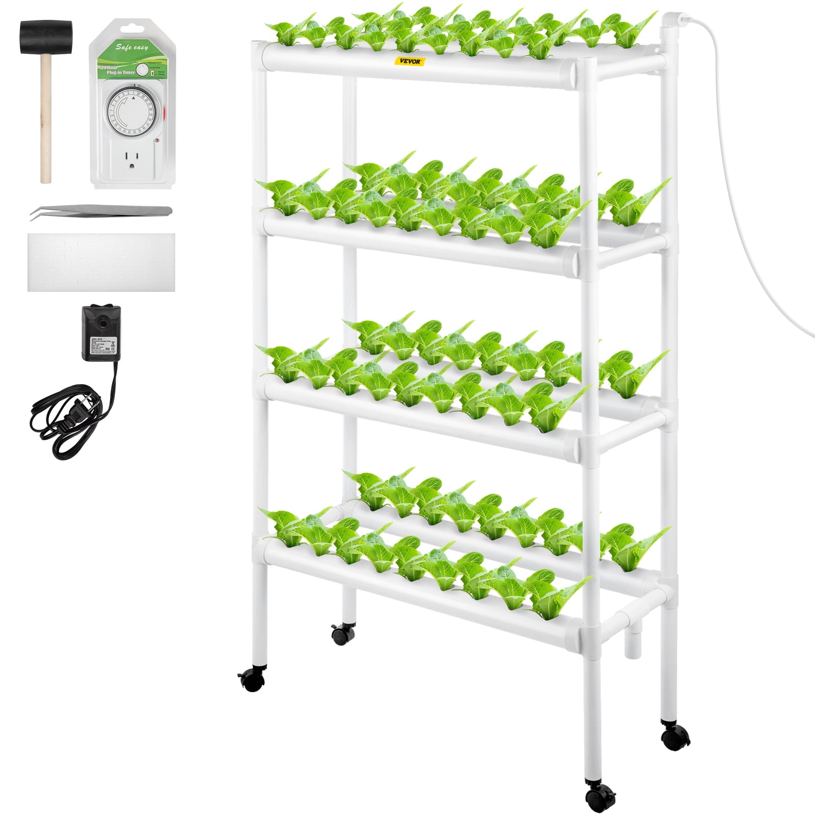 VEVOR Hydroponic Site Grow Kit 4 Layer 72 Plant Sites， 8 PVC Pipes Hydroponic Indoor Plant Growing System， Food-Grade Pipe Plant Grow Kit with Water Pump and Timer