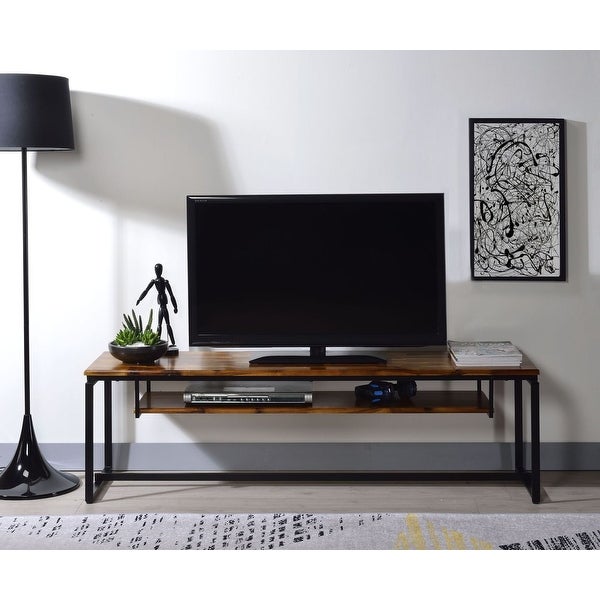 67 inch Industrial Jurgen TV Stand TV Table with 1 Wooden Fixed Media Shelf and Metal Sled Open Base， Oak and Black