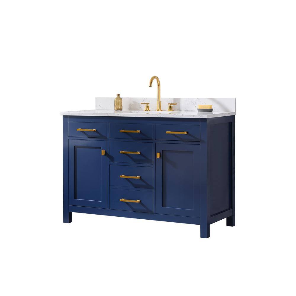 SUDIO Jasper 48 in. W x 22 in. D Bath Vanity in Navy Blue with Engineered Stone Vanity in Carrara White with White Basin Jasper-48NB