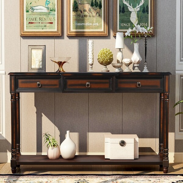 Nestfair Solid Wood Console Table with 3 Drawers and Shelf