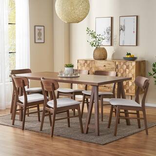 Noble House Lucious 7-Piece Rectangle Wood Top Light Beige and Walnut Standard Height Table Set 83413