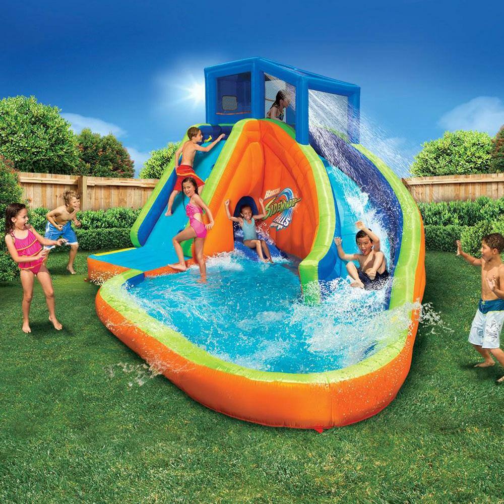 BANZAI Multi Polyester Sidewinder Falls Inflatable Water Park Play Pool with Slides and Blower BAN-23524