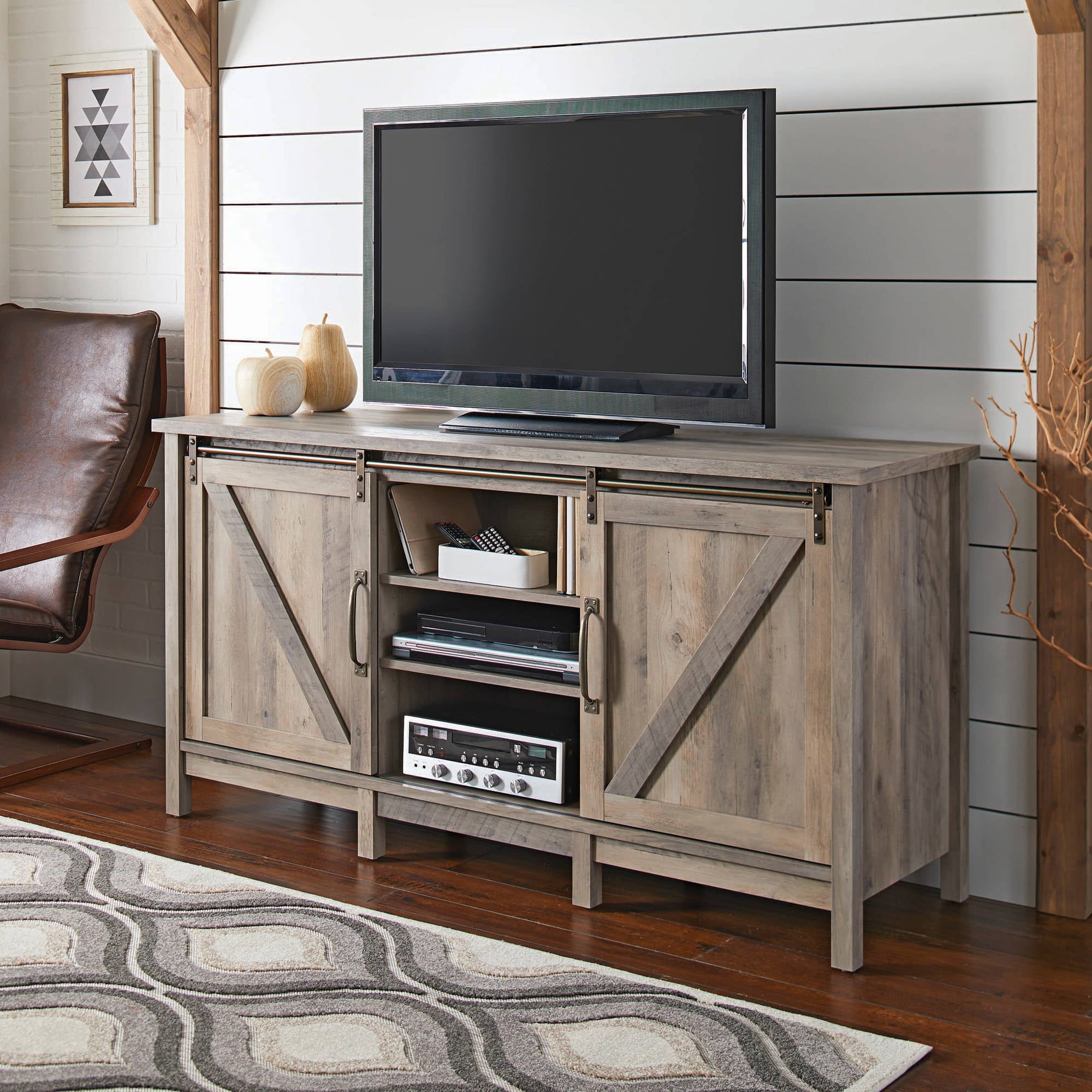 Better Homes & Gardens Modern Farmhouse TV Stand for TVs up to 70, Rustic Gray Finish