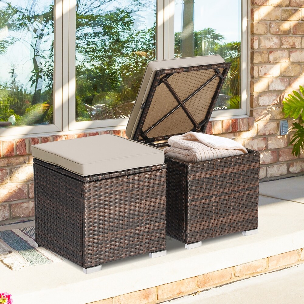 Costway 2PCS Patio Rattan Ottomans Seat Side Table Storage Box   See Details