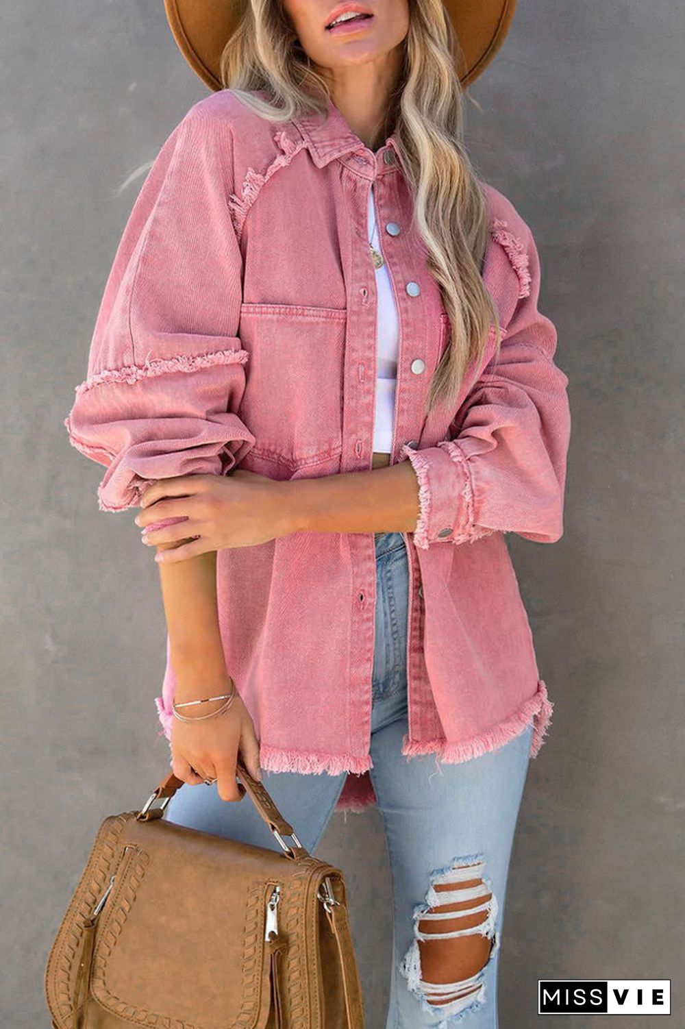 Candy Color Button Pockets Raw Trim Denim Jackets