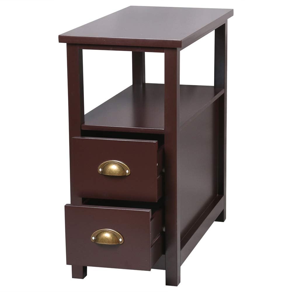 Double-Tier Coffee Side Table with Two Drawers Coffee，Side Table Living Room Narrow Rustic End Table Bedroom