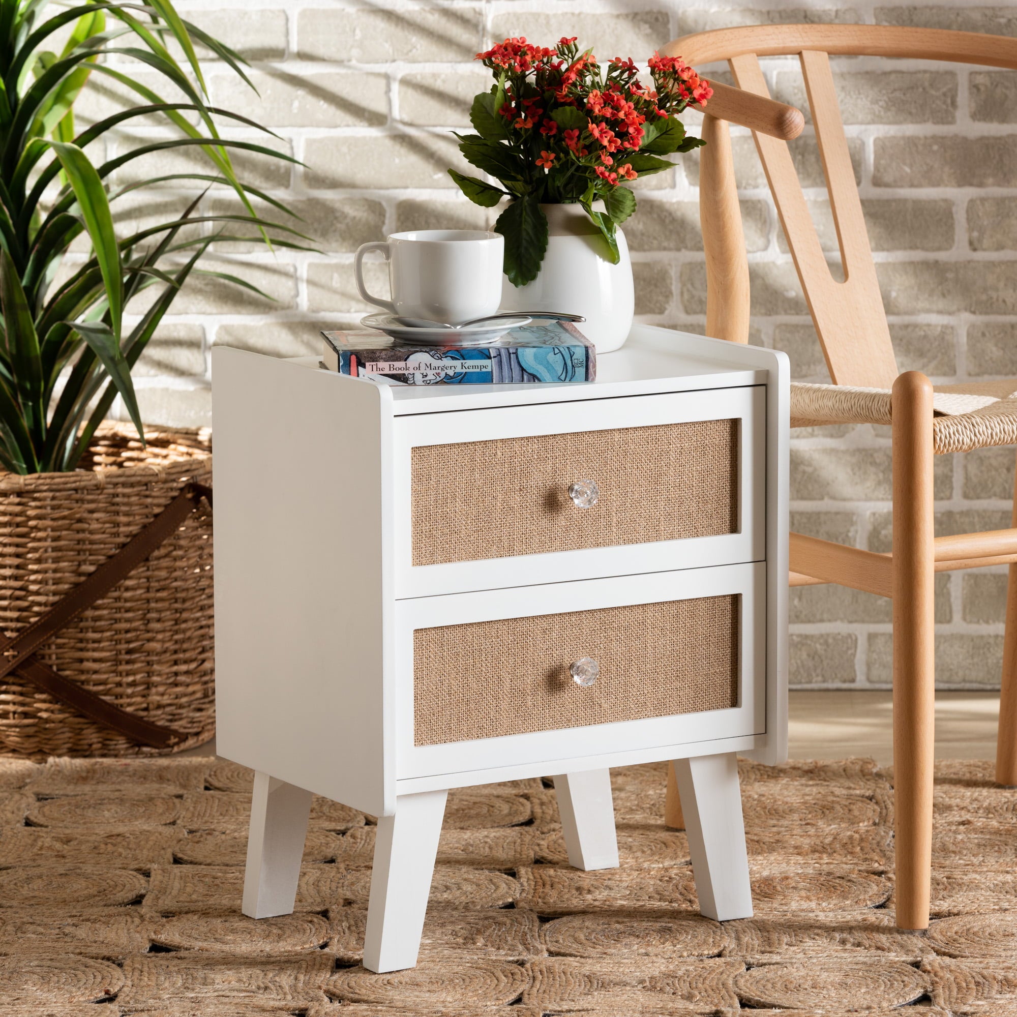 Baxton Studio Balta Mid-Century Modern Transitional Oak Brown Rattan and White Finished Wood 2-Drawer Nightstand