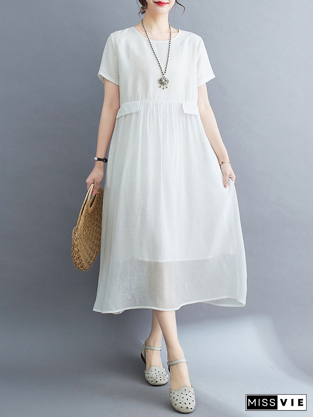 Loose Short Sleeves Gauze Solid Color Split-Joint Round-Neck Midi Dresses