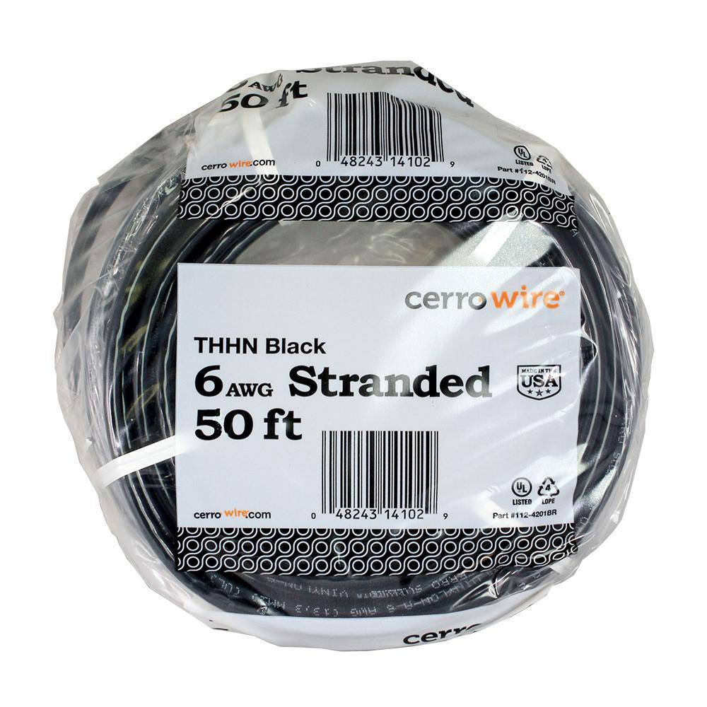 Cerrowire 50 ft. 6 Gauge Black Stranded Copper THHN Wire 112-4201BR