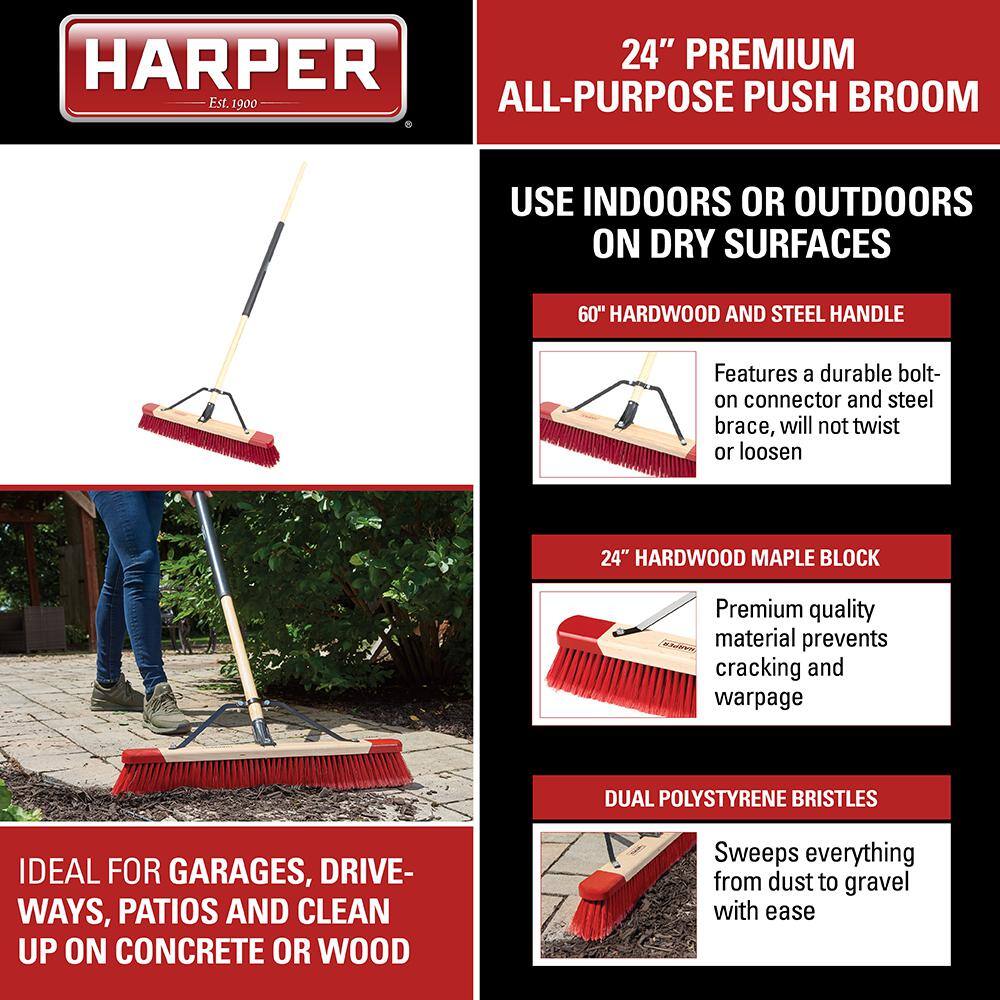 HARPER 24 in. Premium All-Purpose HardwoodSteel Handle Push Broom for Dust and Gravel 20201040