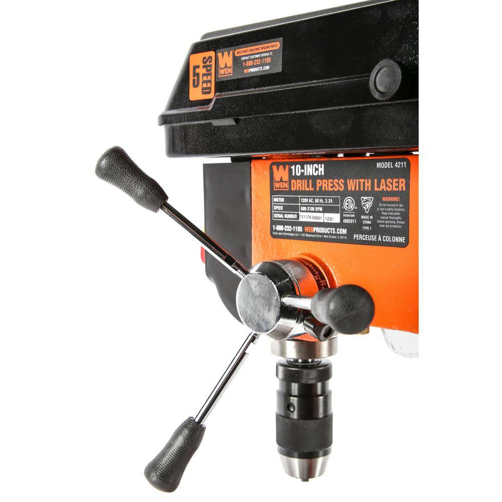 WEN 3.2 Amp 10 in. 5-Speed Cast Iron Benchtop Drill Press with Laser and 12 in. Keyless Chuck 4211