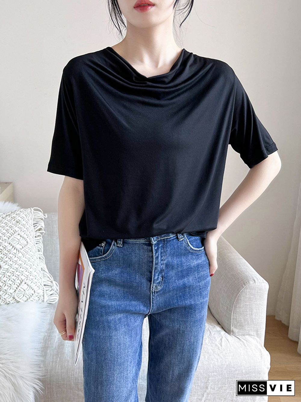 Short Sleeves Pleated Solid Color Heaps Collar T-Shirts Tops