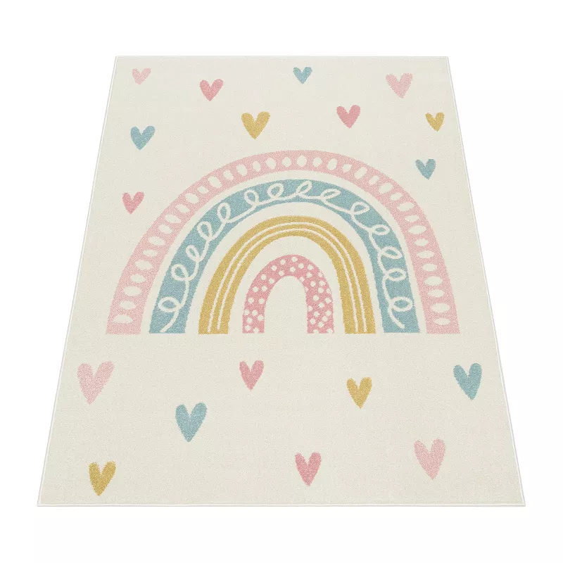 Kids Rug with Rainbow and Hearts for Nursery in Pastel Colors