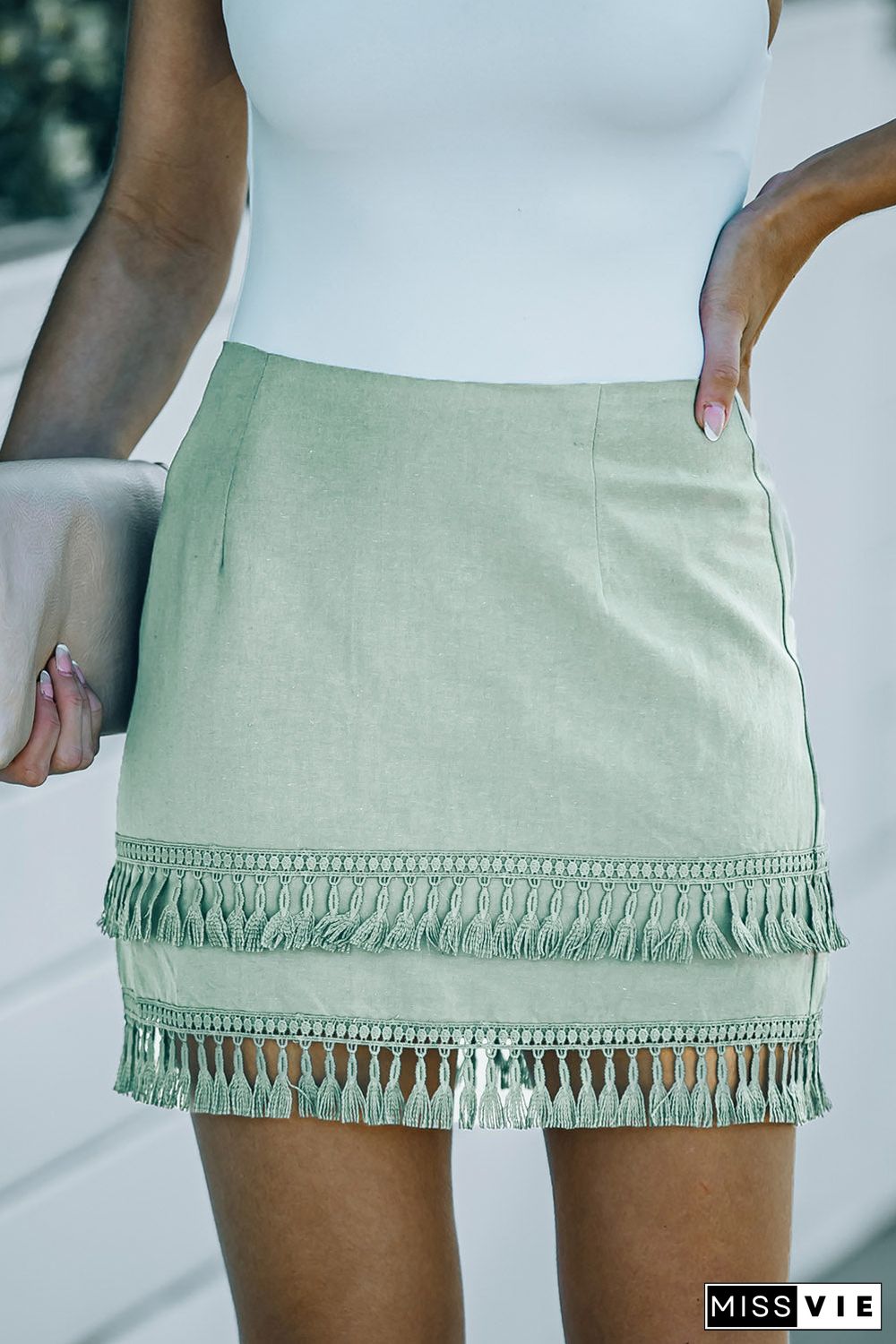 Green Tiered Tassel Zip-Up High Waist Mini Skirt