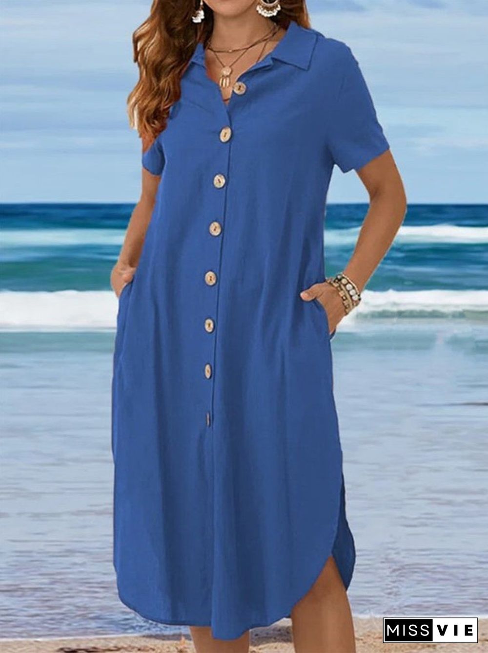 Women's Short Sleeve V-neck Buttons Midi Dress