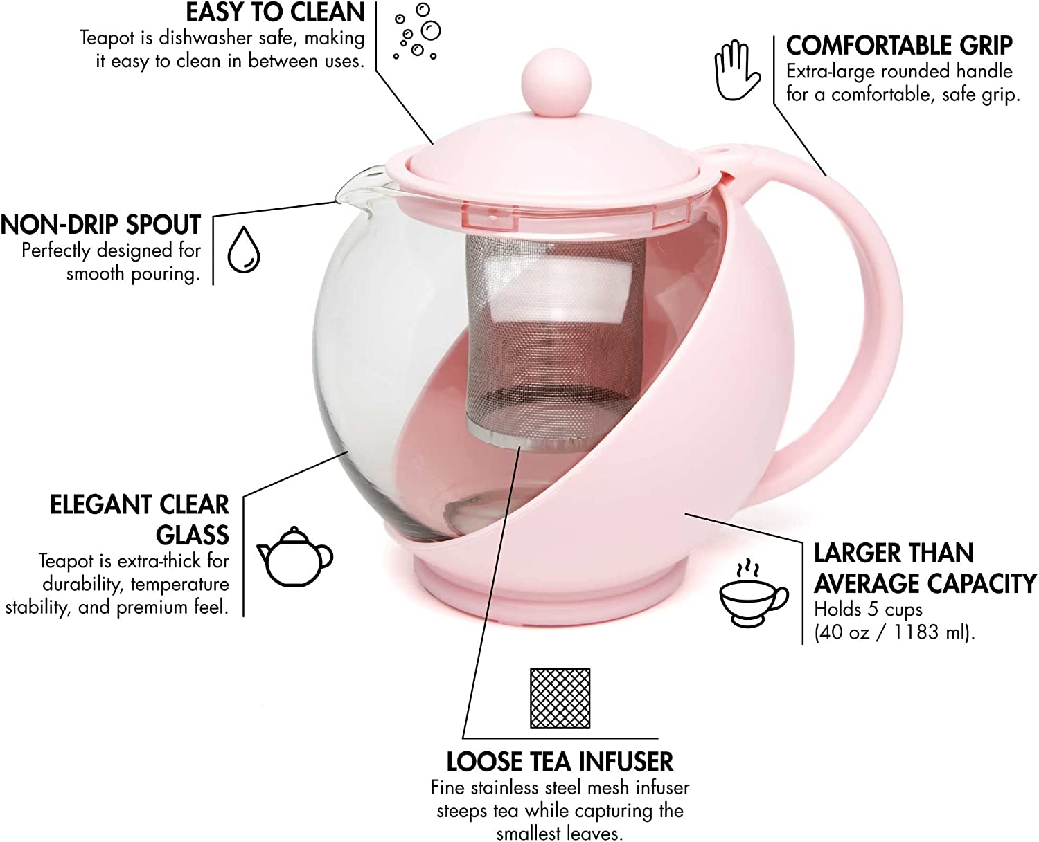 Primula Half Moon Teapot Set with 4 Tea Cups, Removable Stainless Steel Filter and Infuser, Glass Tea Maker, Filter, Dishwasher Safe, 40-Ounce, Tea Gift Set, Tea Set for Service of 4 Adults