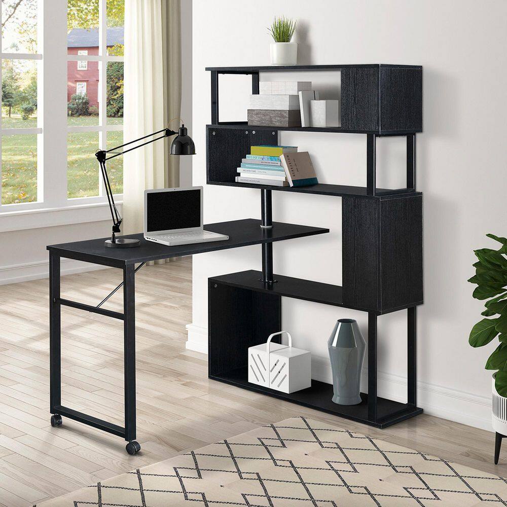 Polibi 47.20 in. Retangular Black Rotatable L-Shaped Corner Home Office Computer Desk with 5-Tier Bookshelf and Casters RS-472RRLCD-BK