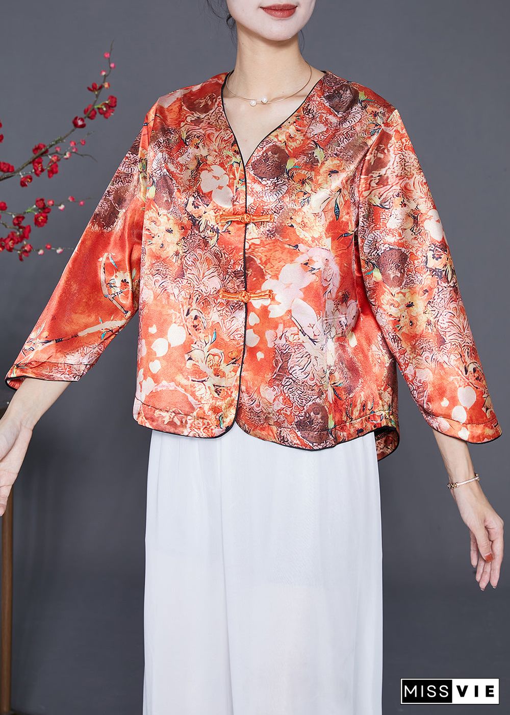 Chic Orange Chinese Button Print Silk Shirts Bracelet Sleeve