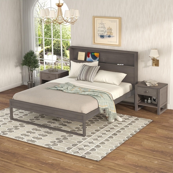 3-Pieces Bedroom Sets Queen Size Platform Bed with Two Nightstands - - 37540874