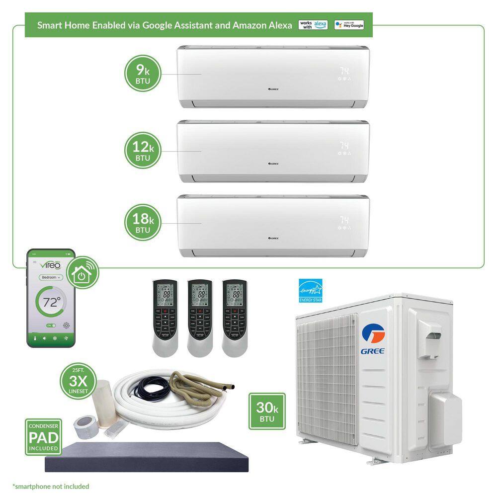 GREE Gen3 Smart Home Triple-Zone 28400 BTU 2.5 Ton Ductless Mini Split Air Conditioner  Heat Pump 25 ft. Install Kit 230V MULTI30VIR312HP