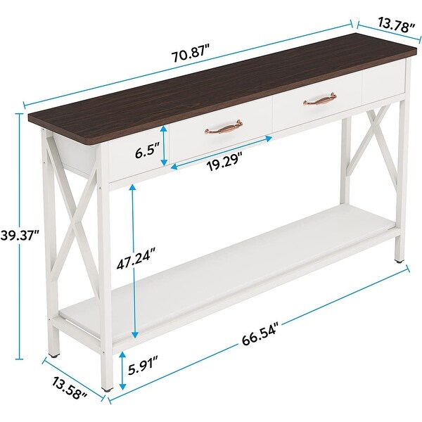 70.9 Inch Extra Long Console Table Sofa Table with Drawers，Walnut/White