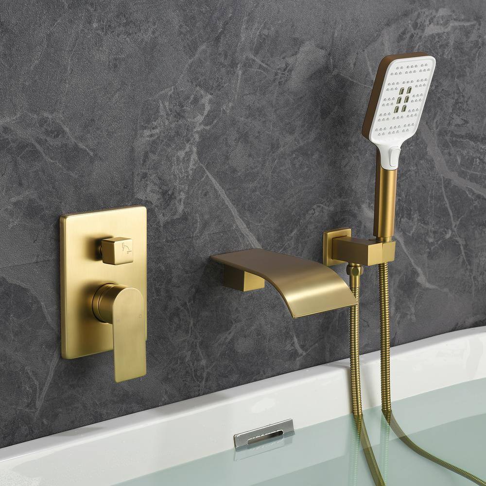 UKISHIRO 4.07 in. Single-Handle 3-Spray 1.8 GPM Adjustable Hand Shower and Wall Mounted Tub Spout in Gold (Valve Included) SMDJEO316001