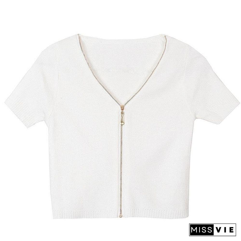 Modern White zippered V Neck Shirt Tops Summer