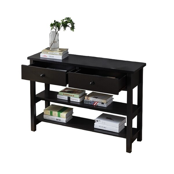 Two Drawer Console Table with Two Open Shelves and Block Legs， Dark Brown