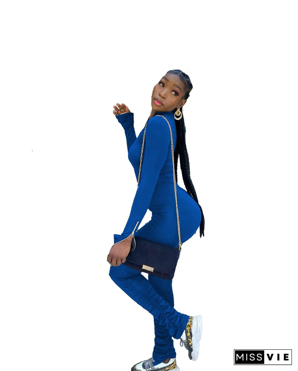 Solid Color Active Wear Zipper Pleated Jumpsuit