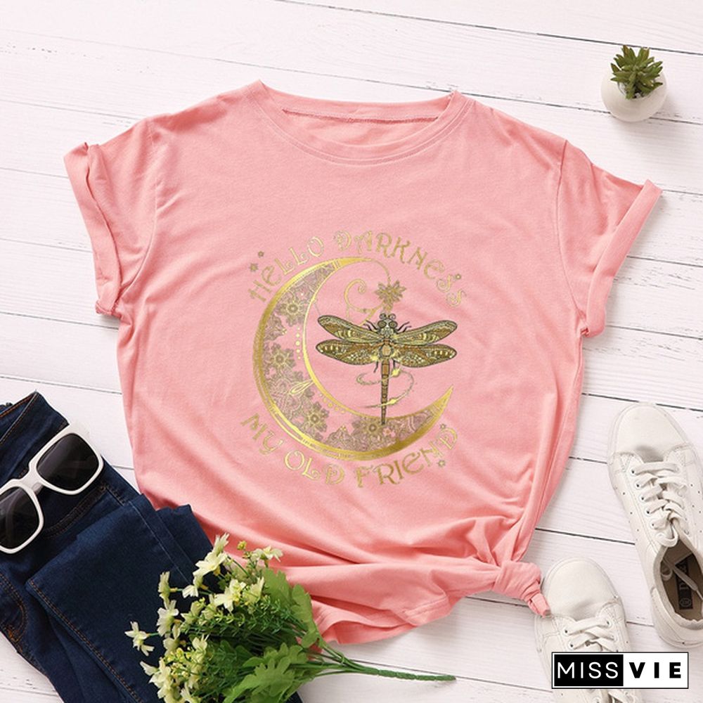 Women Summer T Shirts Plus Size Moon Dragonfly Letter Print Fashion Female Casual Streetwear Ladies Graphic Tee Tops