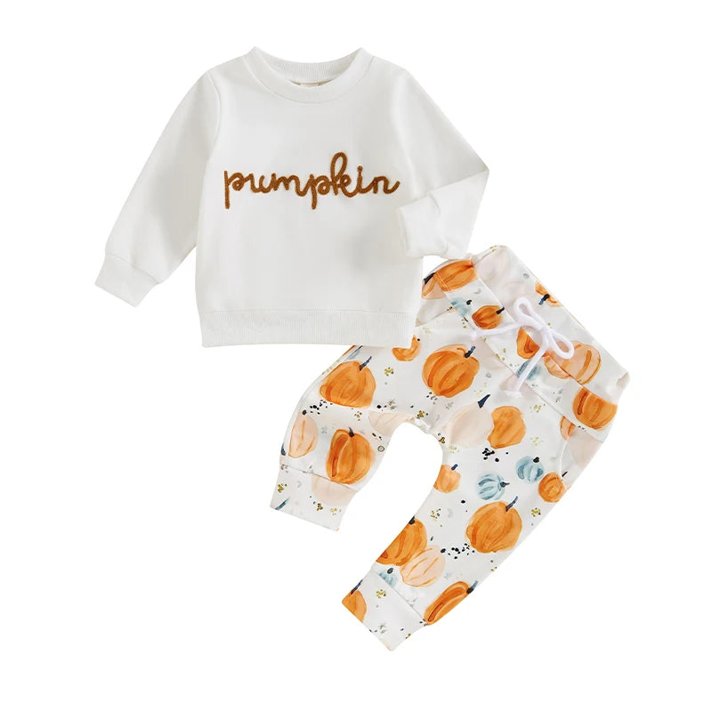 2024-05-17 Lioraitiin Toddler Boys Halloween Outfits Embroidered Letter Long Sleeve Sweatshirt Pumpkin Print Long Pants Fall Set