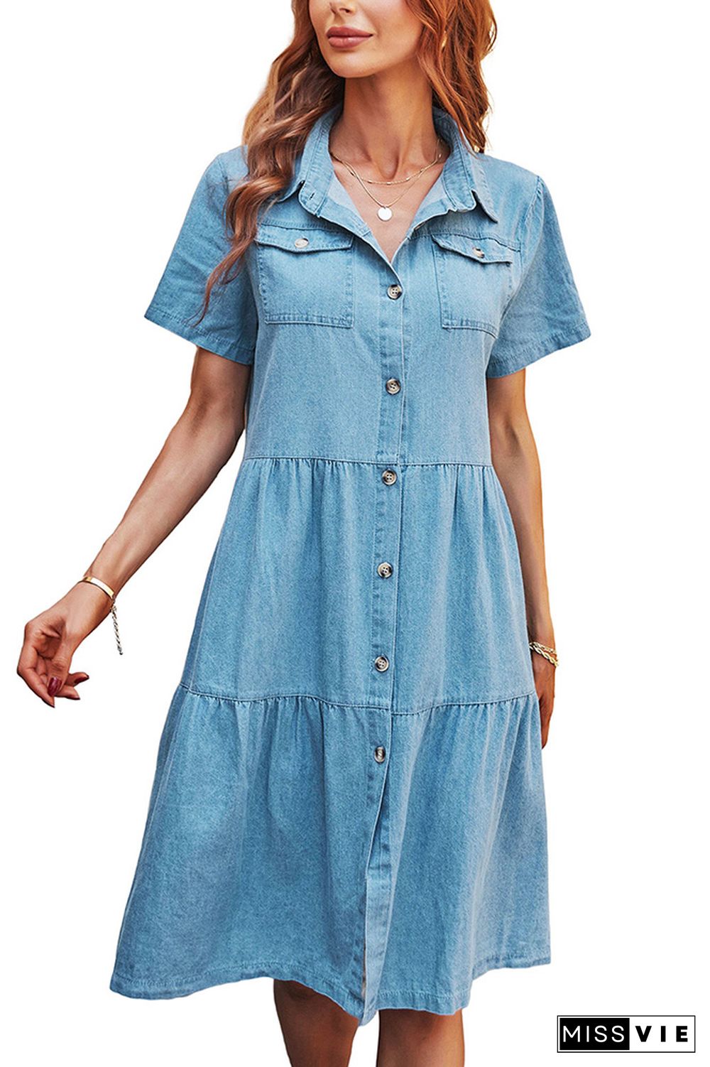 Blue Washed Denim Open Button Tiered Dress