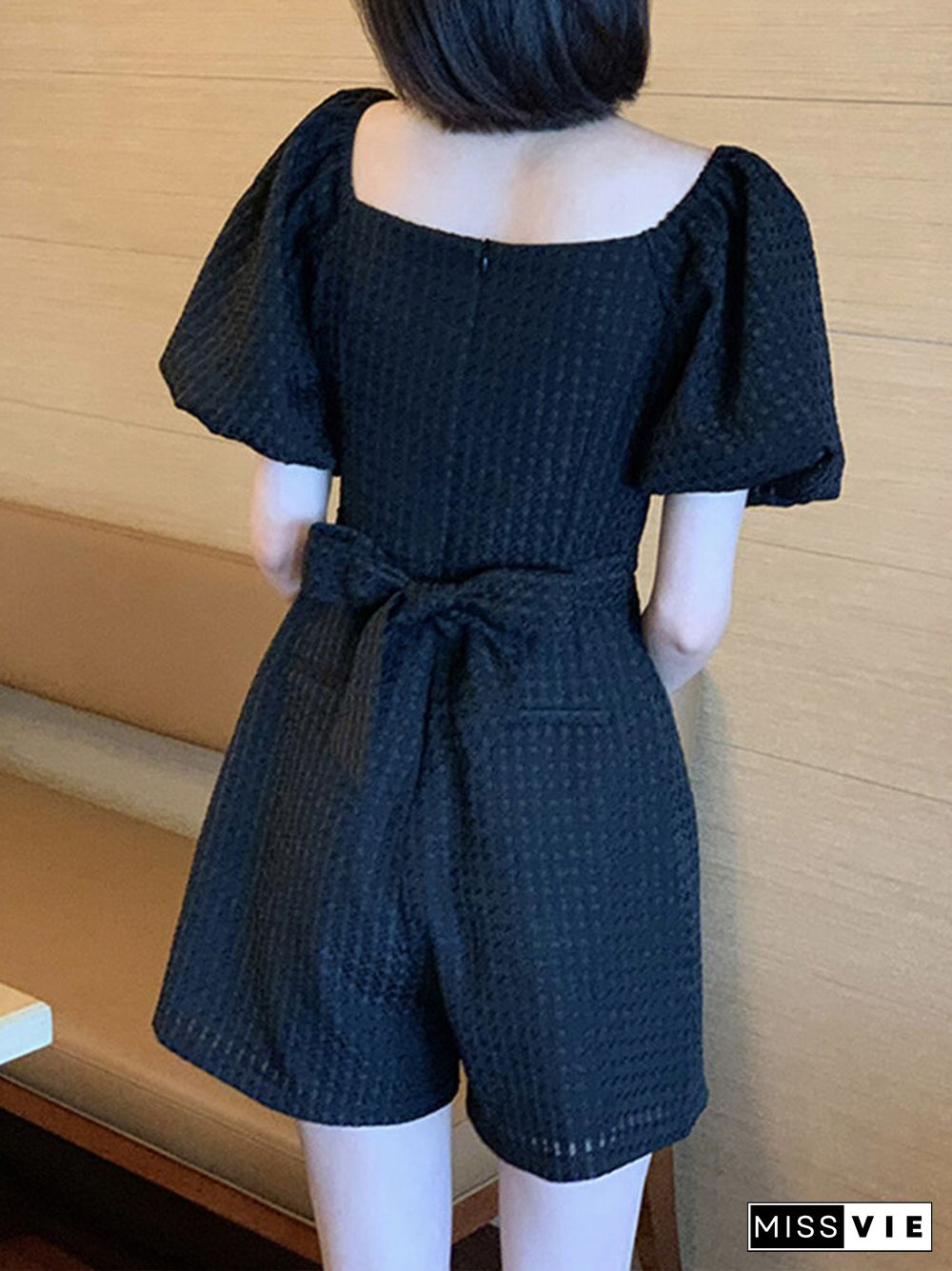 Solid Textured Pocket Puff Sleeve Square Collar Romper