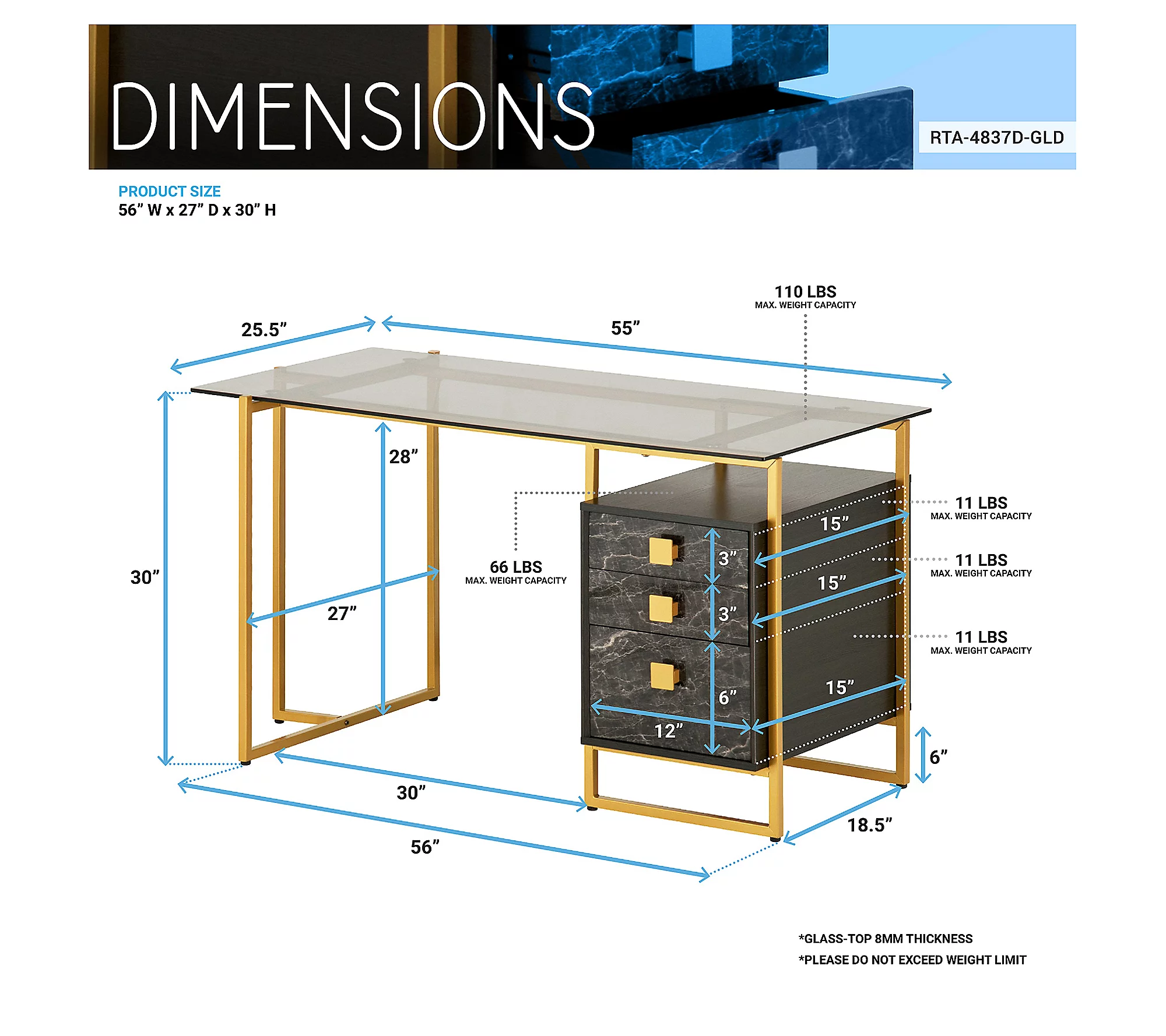 Techni Mobili Glass Top Computer Desk W Storage