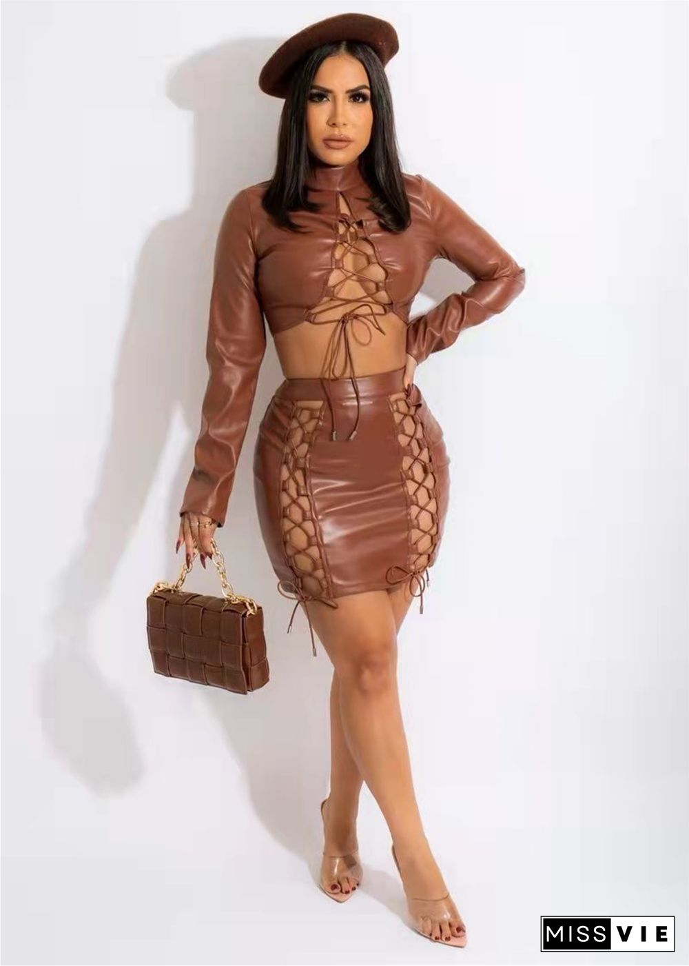 Sexy Temperament Bandage PU Short Skirt Two Piece Set