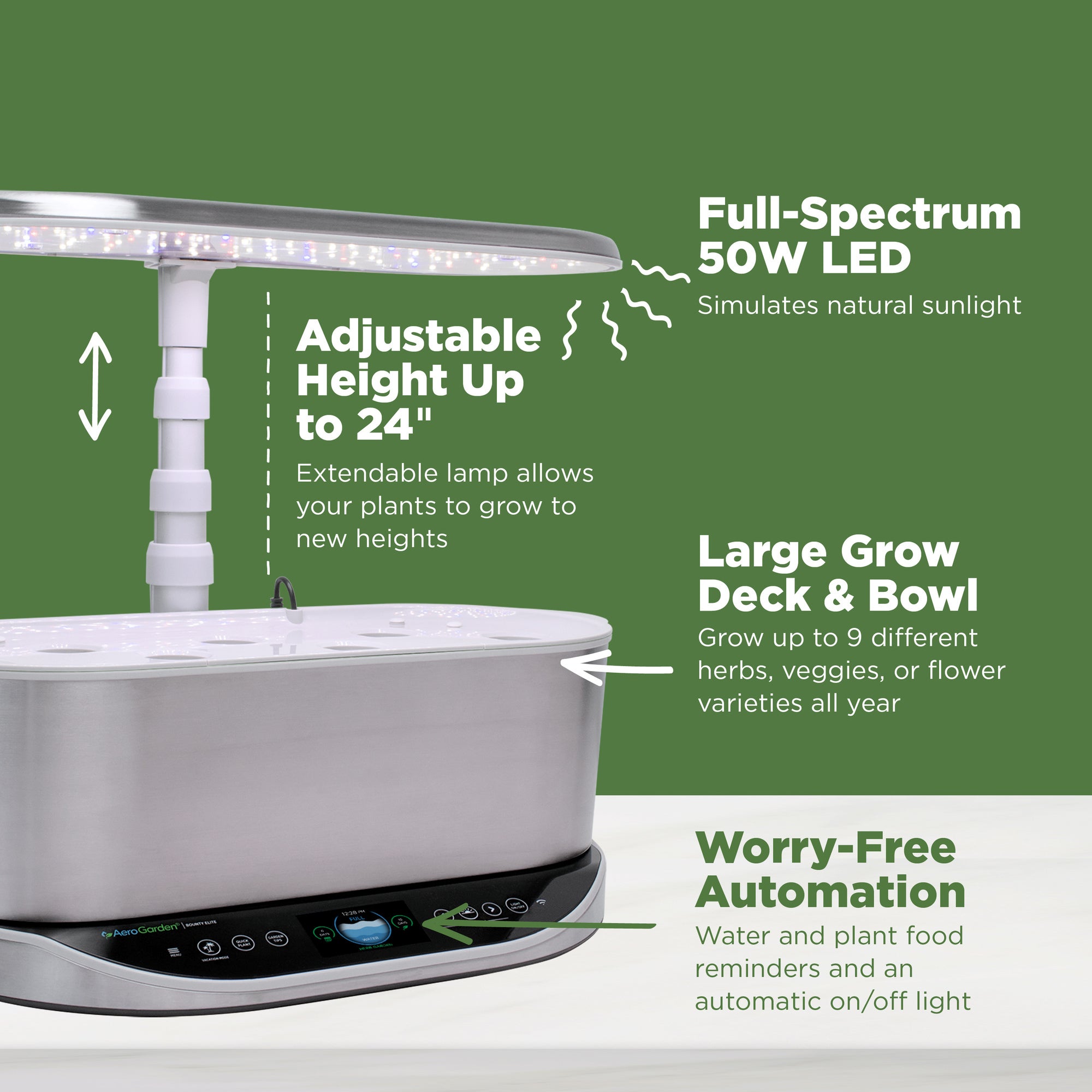 AeroGarden Bounty Elite - Indoor Garden with LED Grow Light， Stainless Steel