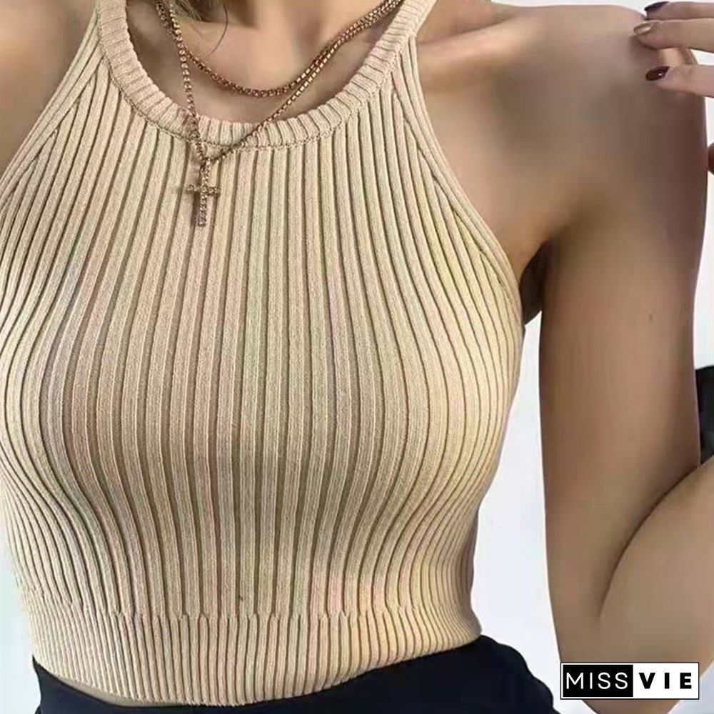 Women Plain Halter Tops Knitted Off Shoulder Y2K Tops Camis Sexy Crop Tops Women Tank Tops Summer