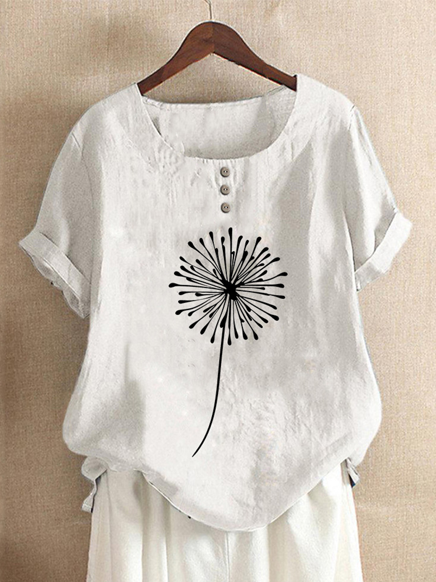 Casual Dandelion Print Button Crew Neck Short Sleeve Blouse