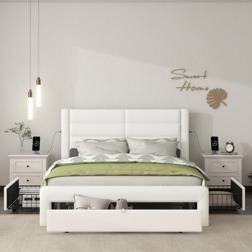 Queen Size Platform Bed Frame with Drawers Storage  Leather Upholstered Platform Bed Frame with Charging Station