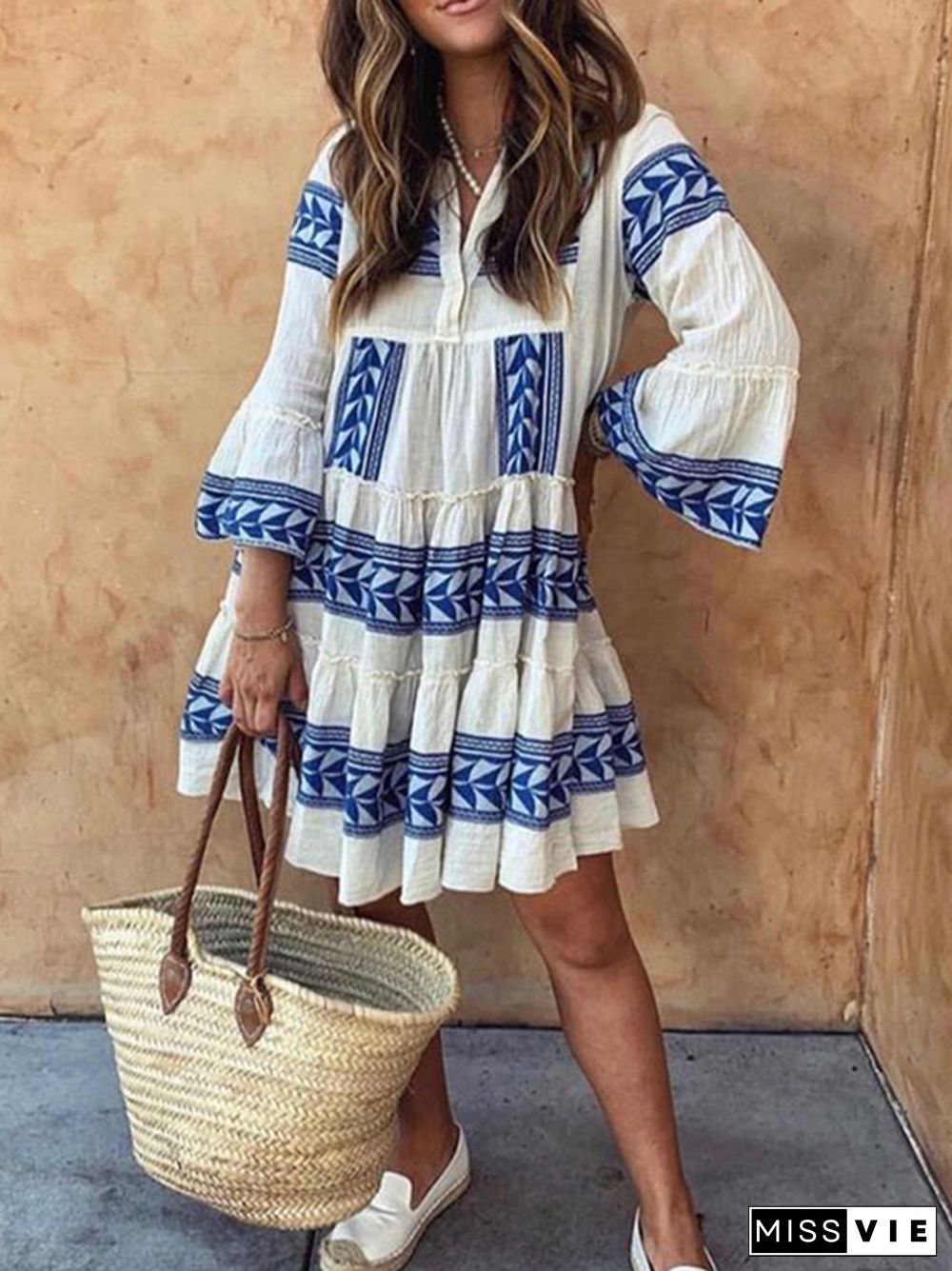 Boho Vacation V-neck Print Mini Dress