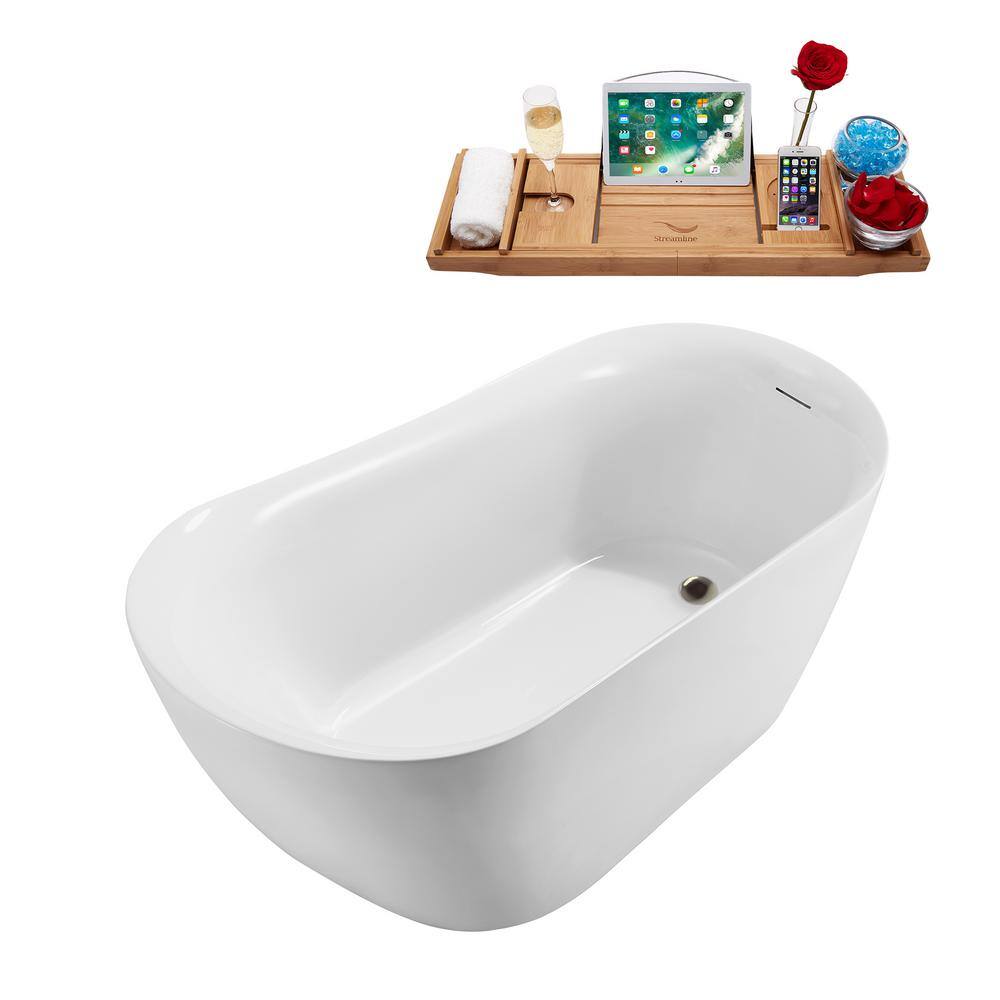 Streamline 59 in. Acrylic Flatbottom Freestanding Bathtub in Glossy White with Brushed Nickel Drain N290BNK