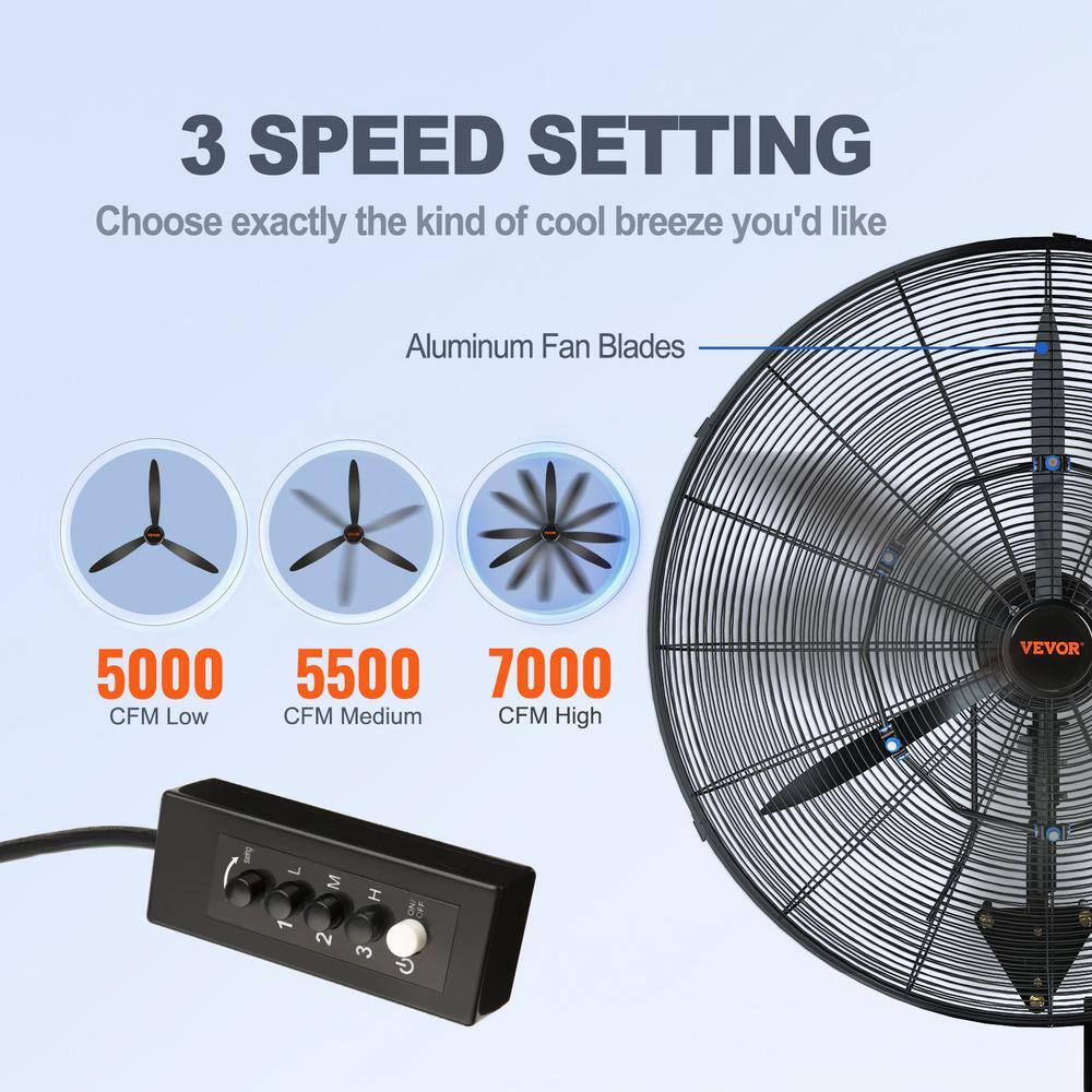 VEVOR Wall-Mount Misting Fan 24 in. 3-speed High Velocity Max. 7000 CFM Waterproof Oscillating Industrial Wall Fan GYBGSFSYCSS24BCVOV1