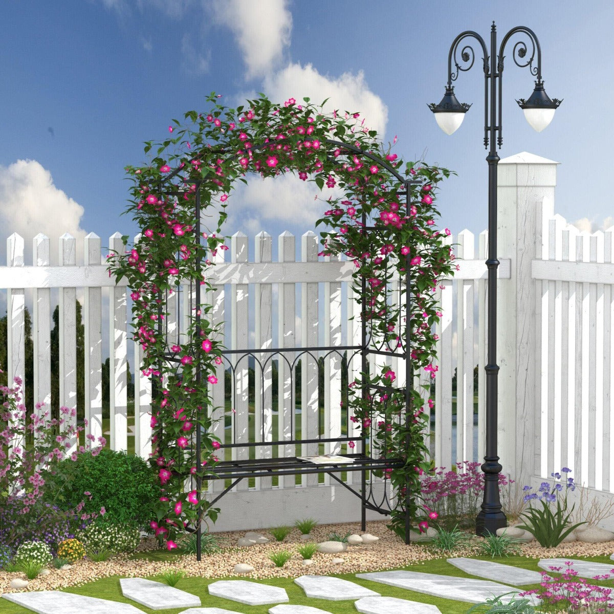 Andoer Outdoor Garden Arbor Arch with Bench Seat Steel Metal - Black