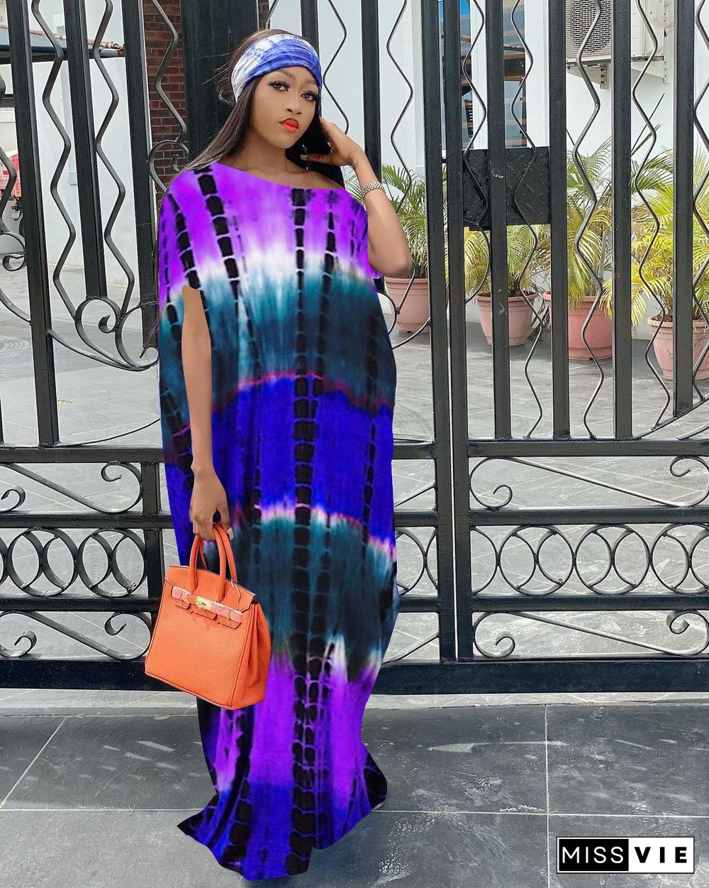 Summer Tie Dye Print Diagonal Callar Short Sleeve Casual Women Pullover Loose Long Dress